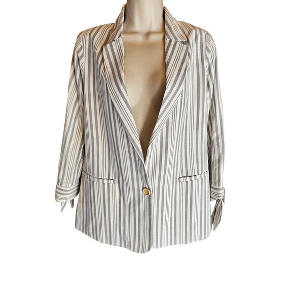NWT button front tie sleeve blazer mint stripes career business casual blazer M - Picture 1 of 8